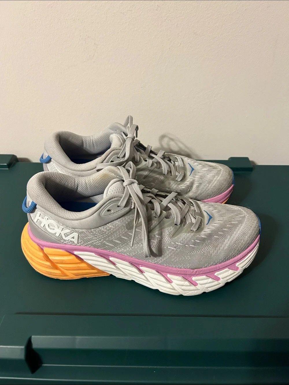 Hoka Women's Gray Gaviota 4 Running Shoes with Pink & Orange Accents Size 8.5B
